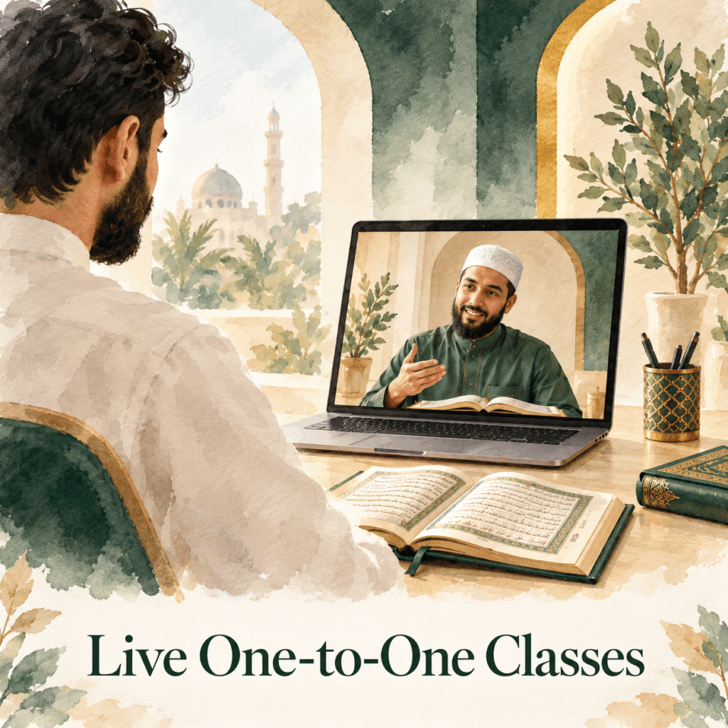 Watercolor illustration of a learner connecting with a Quran teacher online