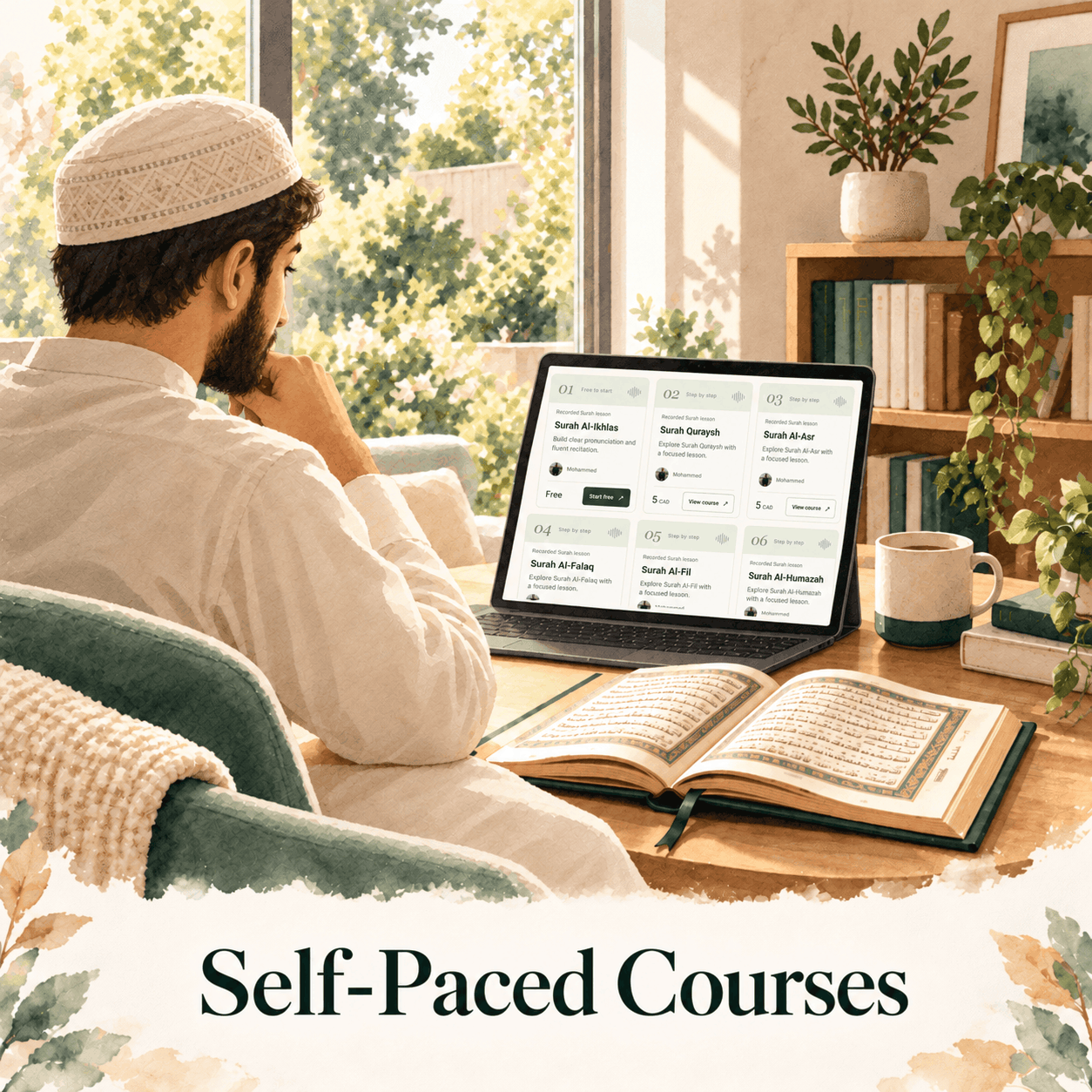 A learner exploring self-paced Quran courses on a laptop at home