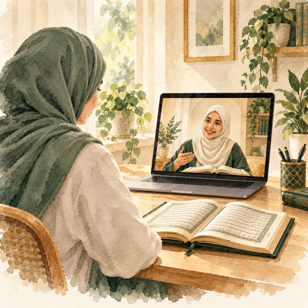 Watercolor illustration of an adult woman learning Quran online with a female teacher